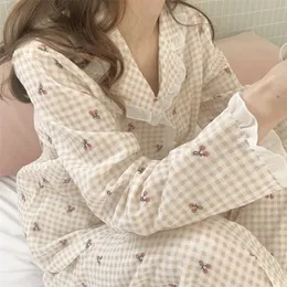 QWEEK Plaid Pajama Kawaii Cherry Print Sleepwear Lace Pijama Female Set Korean Loungewear Long Sleeve Autumn Pyjamas Suit 220421