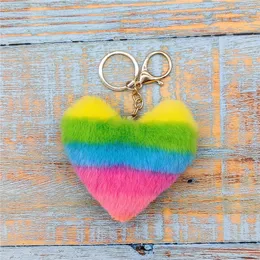 Cute Keychain Multicolor Fake Rabbit Fur Heart Pompom Key Chain Women Girl Bag Cars Pendant Simple Fluffy Keyring Jewelry Gifts