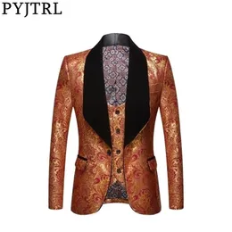 PyJtrl Jacket Vest Mens Fashion Twopiece Set Gold Floral Pattern Print Shawl Lapel Slim Fit Wedding Prom Dress Tuxedo Costume 201104