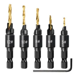 Professionelle Handwerkzeug-Sets, 5/6-teilig, Senkbohrer, Holzbearbeitungs-Bit-Set, Bohren von Pilotlöchern für Schraubengrößen #5, #6, #8, #10, #12 DrillingProfe