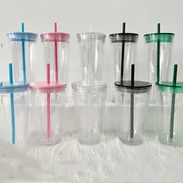 Bicchieri di plastica trasparente da 17 once 24 once Bottiglie d'acqua in acrilico con coperchio piatto fai-da-te con cannuccia Tazza da caffè portatile a doppia parete per ufficio Tazze per bere PS solide trasparenti riutilizzabili