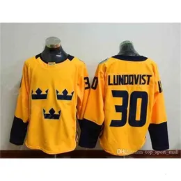 MTH World Cup Sverige Hockey Jerseys Ice College Team Yellow 30 Henrik Lundqvist Jersey Män för Sport Fans Andas Broderi och Sy