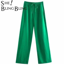 Shelatsbling Woman Traf Spodnie Moda Długie Spodnie Sznurek Wysokiej Talii Szerokiej Nogi Zielony Casual Pant Kobiet 2 Pies Garnitury 220325