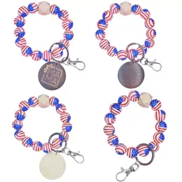 Braccialetti con ciondolo in legno bandiera USA Portachiavi stampato in 3D Perline di legno Portachiavi Braccialetti colorati Decorazione borsa Portachiavi per auto Braccialetti per bomboniere