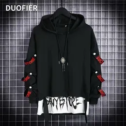 Mens Hoodies Sweatshirt Autumn Casual Black Techwear Hip Hop Harajuku Hoodie Men Ribbons Patchwork Japanese Streetwear Darkwear 220813