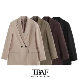 TRAF Women Fashion Double Breasted Loose Fitting Blazer Coat Vintage Long Sleeve Pockets Female Outerwear Chic Veste Femme 220812