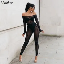 Nibber Body Sexig bodysuit Seethrough Mesh Longsleeve Twopiece Set Summer Slash Neck High Midist Leggings Bar Carnival Outfit T200603