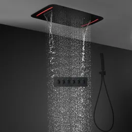 Bathroom Accessories 5 Functions Black Shower set Ceiling Big LED Rainfall Showerhead Kits 710X430MM Thermostatic Mixer Faucets
