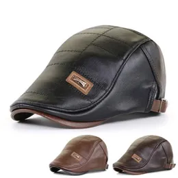 Berets Men Leather Beret Hat Flat Cap Warm Autumn Winter Male Adjustable High Quality Gatsby Retro Caps For FatherBerets