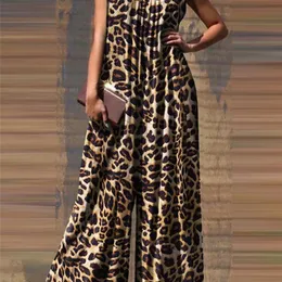 Letnia szeroka nogi Playsuit Zanzea Leopard Printed Maxi Romper Fashion Casual Holiday Ogólna impreza Bez rękawów Jumpsuits 220714
