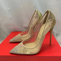 Casual Designer Sexy Lady Moda Donna Scarpe Gold Glitter Strass Cristallo Punta a punta Tacchi a spillo Zapatos Mujer Prom Pompe da sera