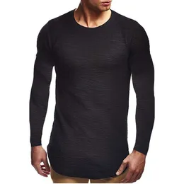 Erkek T-Shirt Erkek Uzun Kollu T-Shirt Erkekler Katı Jakarlı Rahat Slim-Fit Arc Hem Tops Moda Kazaklar O Boyun T Shirt