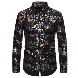 Floral Bronzing Men Shirt Luxury Shiny Black Mens Dress Shirts Fashion Casual Mens Party Shirts Dance Prom Tuxedo Shirt Men XXL L220704