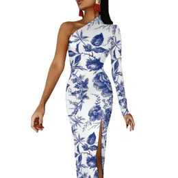 Sıradan Elbiseler Kelebek Bodycon Elbise Bahar Vintage Mavi Çiçek Kulübü Yan Bölünmüş Uzun Bayanlar Bir Omuz Desen Estetik Dresscasual