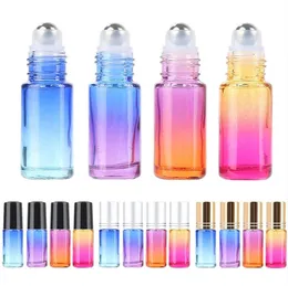Rolo de garrafa de vidro gradiente de 5 ml em garrafas de óleo essencial de perfume vazias com embalagem cosmética de contêiner de rolo de bola de metal