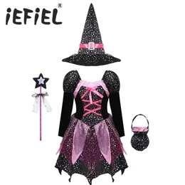 Kid Girls Halloween Witch Costume Sparkly Silver Stars Printed Carnival Cosplay Dress with Pointed Hat Wand Up Clothes 220817