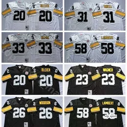 Chen37 NCAA Football 58 Jack Lambert 31 Donnie Shell Trikots 26 Rod Woodson 23 Mike Wagner 33 Merril Hoge 20 Rocky Bleier Man Vintage Schwarz Weiß