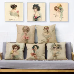 Kudde/dekorativ kudde Europe Vintage Woman Lady Girl Print Throw Cover 45 Square Cushion Covers Linen Case Home Decor Pillows Casescushi