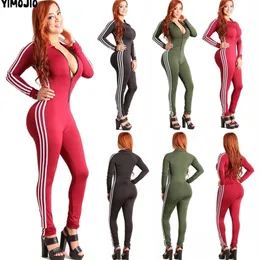 Kvinnor heta jumpsuits playsuits bodysuits romper kvinnor het stil casual randig mager sexig jumpsuit långärmad klubb dragkedja t200509