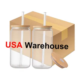 US Warehouse 16 unz Clear Frosted Sublimation Blanks Piwo Glass Soda Soda może ukształtować mrożoną kubek kubek z bambusową pokrywką sxjun1