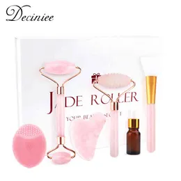 6PCS/Set Rose Jade Roller Gua Sha Set Face Brush Natural Quartz Scraper Stone Massage Facial Massager Tool for Body Neck220429