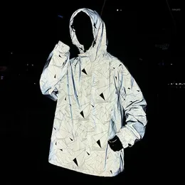 Mode streetwear jackor för män reflekterande kappa avslappnad hiphop huva man geometrisk tryck jacka party kläder män