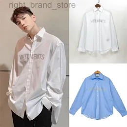 Vetements bronzeamento impressão letras listra azul camisa de manga longa masculina e feminina gola pontiaguda camisa solta oversize w220813