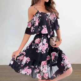 섹시한 비치 드레스 스파게티 스트랩 보호 드레스 2022women의 여름 드레스 꽃 인쇄 캐주얼 드레스 섹시한 옷 여성 G220510