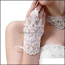 Fashion Lace Embroidery Gloves Women Bride Party Fingerless Rhinestone Satin Ladies Jewelry Drop Delivery 2021 Five Fingers Mittens Hats