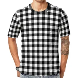 Camisetas masculinas camisetas de xadrez retro de damas preto e branco emo o-pescoço de pescoço de pesca de verão masculino impressão de impressão de impressão de grandes camisetas grandes sizemen