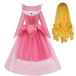 Abiti da ragazza Vestito da principessa per ragazze Costume cosplay Aurora per bambini Parrucca fantasia Bambina Festa di compleanno di Halloween 3-10 anniRagazza