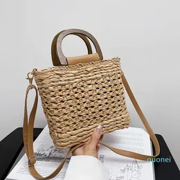 Bolsas de ombro palha verão 2022 Mulheres bolsas de designer de bolsas Talha Terceira alça de madeira B003