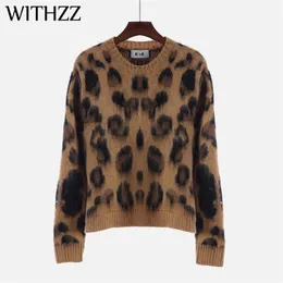 Withzz ankomst vårens höstvinter elegant casual runda nacke leopard tryck långärmad tröja kvinnor tröjor tröjor 201225