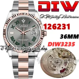 DIWF diw126231 SA3235 Automatik-Herrenuhr 36, zweifarbig, geriffelte Lünette aus Roségold, graues Zifferblatt, grüne römische Markierungen, 904L Oystersteel-Armband, Super Edition-Ewigkeitsuhren