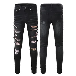 Ripped Jeans For Man Denim Mens Skinny Biker Slim Knee Ripped Distressed Regular Motorcycle Fit Street Solid Black Color Trendy Long Straight Zipper Hole Stretch
