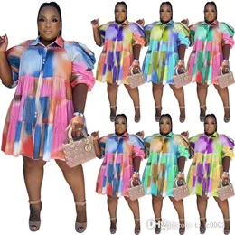Plus Size XL-5XL Dresses Summer Trend Tie Dyed Printed Lapel Pleated Ruffle Midi Vestidos Fashion Casual Shirt Dress