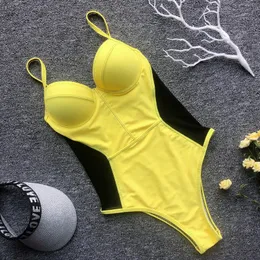 Women's Swimwear Sexy Splicing Mesh One Piece Swimsuit Women Push Up Monokini Bandage Bathing Suit Spaghetti Strap Swimming SuitWomen's