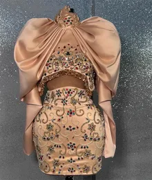 Marrocos Duas peças Conjunto High Neck Mini Prom Dress Dissed Crystal Diamond Birthday Birthday Vestio Lantern Sleeve Fashion Suits Sukienki