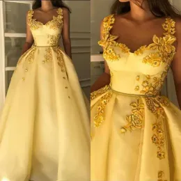 Kleider gelb Prom Organza Stickerei bodenlange Ärmel andere Rüschen Gurte Gewohnte Abendkleider formelle OCN Wear Plus Size Vestidos