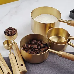 4/8 stücke Holz Gold Messbecher Und Löffel Edelstahl Lebensmittel Kaffee Mehl Scoop Küche Skala Backen Kochen Gadget Sets