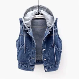 Gilet di jeans Abiti primaverili e autunnali da donna Senza maniche Top selvaggi Giacca corta con cappuccio Donna Giacca di jeans denim Giacca donna 220719