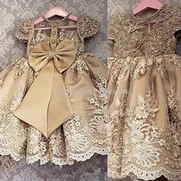 Oro Champagne Principessa Ragazze Abiti da spettacolo Gioiello Collo Maniche ad aletta Appliques in pizzo Perle Abito da ragazza di fiori Abiti da prima comunione sul retro con fiocco CC