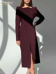 Clablive Casual Slim Square Collar Women Dresses Fashion Long Sleeve Slit Midi Dress for New Year 2022 Bodycon Solid Female Dress T220804