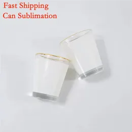 1.5oz Sublimation Blank Shot Glasses Tumblers White Patch Golden Rim Wine Glasses Thermal Transfer Frosted Cup