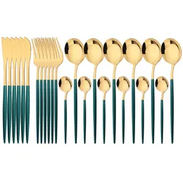 Dijkartikelen 24 stks Green Gold Set roestvrij staal zilverwarevork Coffee Lepel Cutlery Keuken servies flatwaredInnerware