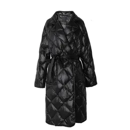 PERHAPS U Women Black Beige Cold Midi Long Notch Collar Sash Pocket Elegant Quilted Coat Puffer C0248 201214