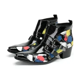 Christia Bella Fashion Men High Heel Leather Boots Snakeskin Grain Colorful Print Mens Party Ankle Boots Buckle Strap