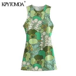 Women Chic Fashion Back Hollow Out Printed Mini Dress Vintage O Neck Sleeveless Female Dresses Mujer 220526
