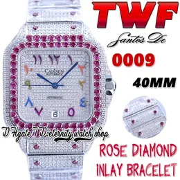 TWF TO TW0009 JAPIN MIYOTA Automatyczne męże zegarek Rose Big Diamonds Bezel w pełni zamrożony diamentowy tarczy Rainbow Arabskie markery stalowe paski super edycja wieczne zegarki wieczne