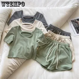 2 pezzi tuta sportiva da donna manica corta maglietta ampia gamba larga pantaloncini a vita alta due pezzi set solido abiti casual tuta da jogging 220602